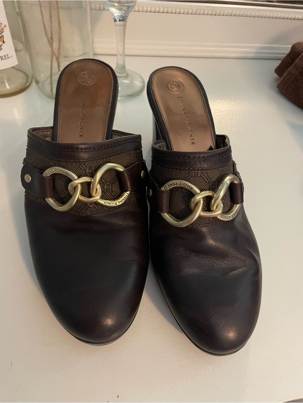 Etienne Aigner Dark Brown Leather Slip-On Mules with Gold Chain Accent